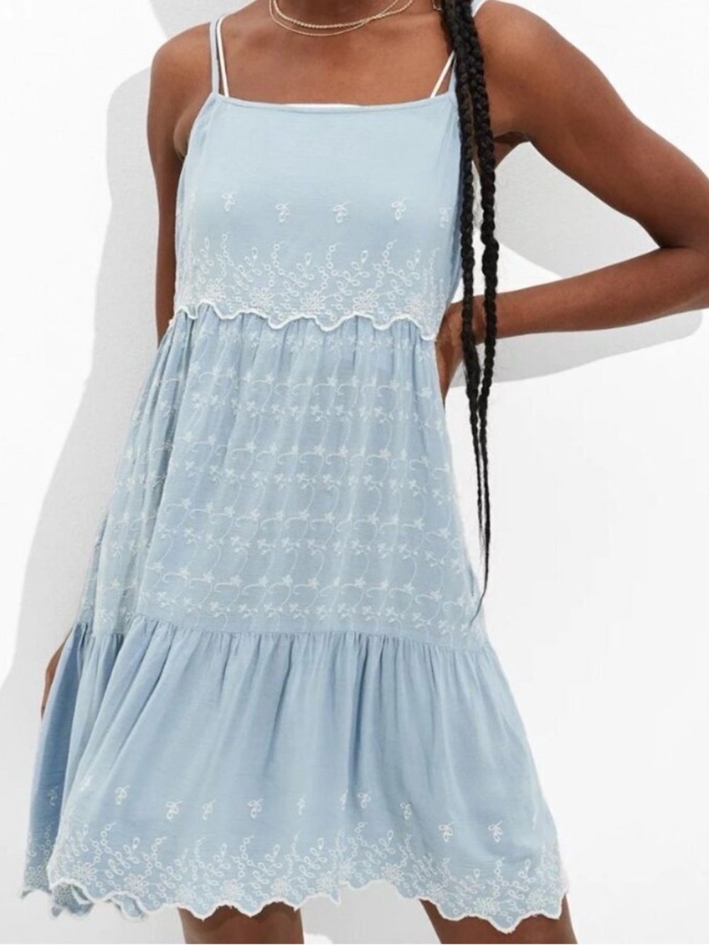 American Eagle Outfitters Light Blue Embroidered Tiered Sundress